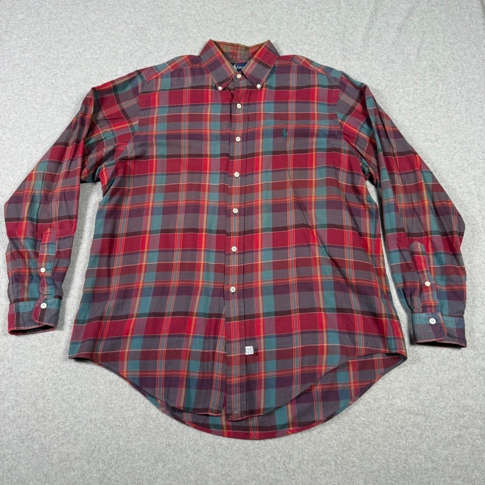 Polo Ralph Lauren Vintage Mens Plaid Button Down Shirt Red Cotton Long Sleeve